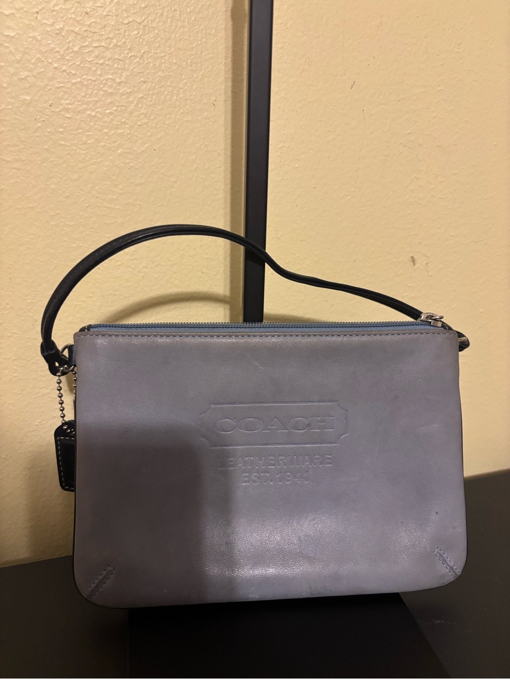 Coach Gray Embossed Leather Wristlet with Black Strap